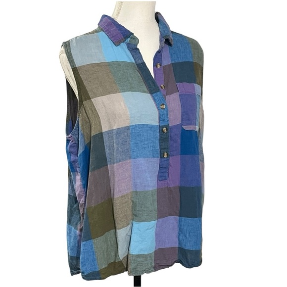 Time and Tru Tops - Time and Tru XL Blue/Purple Plaid Button Down Sleeveless Shirt EUC